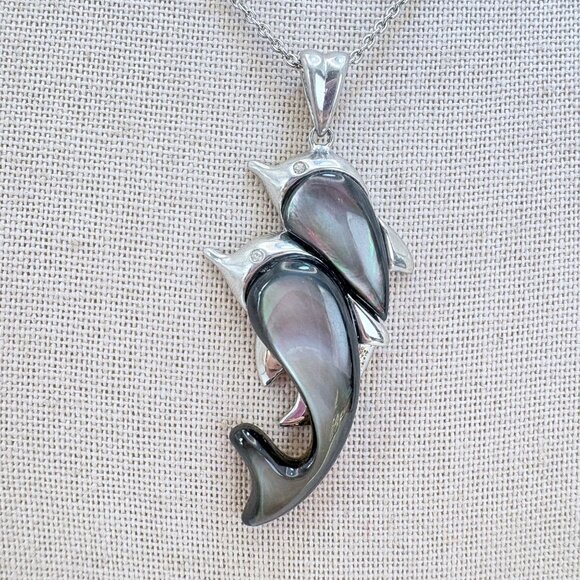 Sterling Silver 925 Mother of Pearl Two Dolphins Pendant Necklace 18" Adjustable - Picture 1 of 12